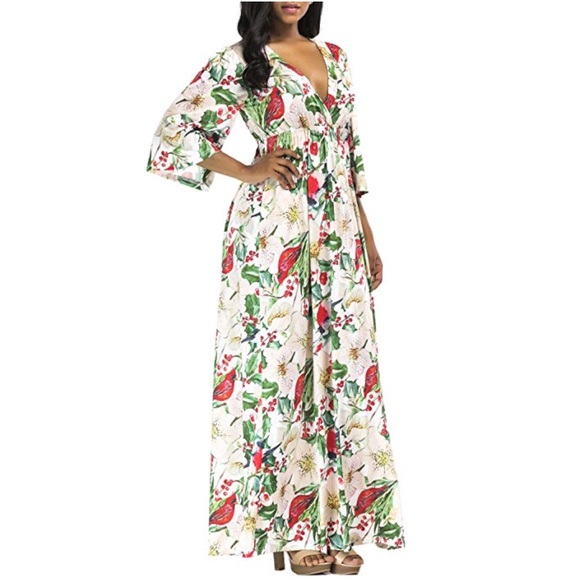 Boutique Dresses & Skirts - Plus Size Bohemian Floral Print V Neck Maxi Dress